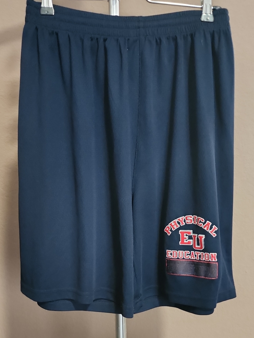 Men's Navy Athletic Shorts with Red 'Physical Education' Patch